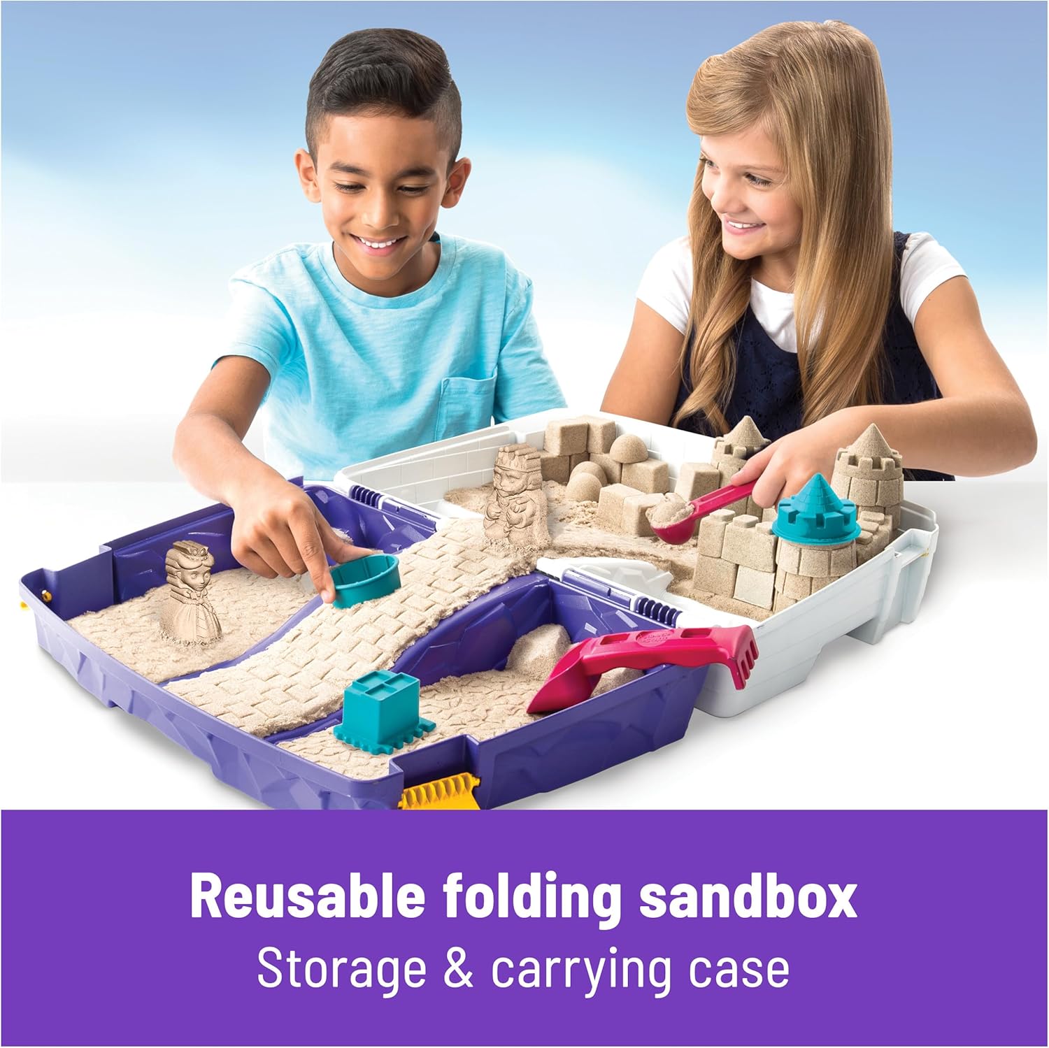 Kinetic Sand, bac à sable pliable avec 907 g de sable de jeu, 7 moules et outils